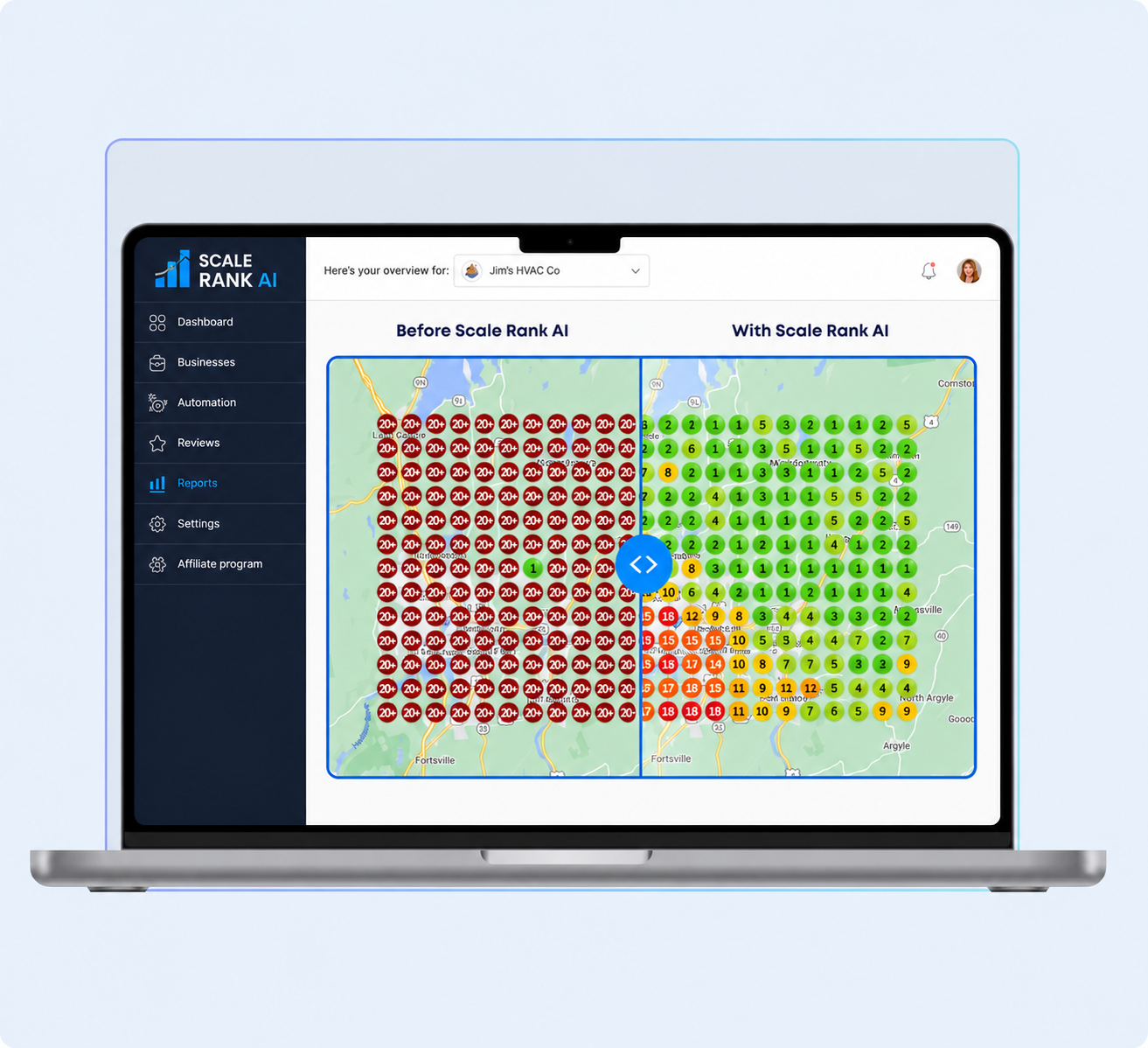 Dashboard de mapas de calor mostrando el ranking en Google Maps de un negocio local